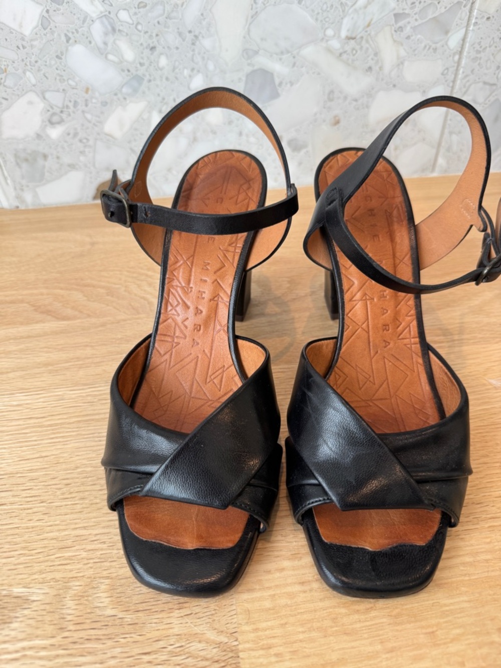 Chie Mihara Women's Black Leather Open-Toe Ankle Strap Heels